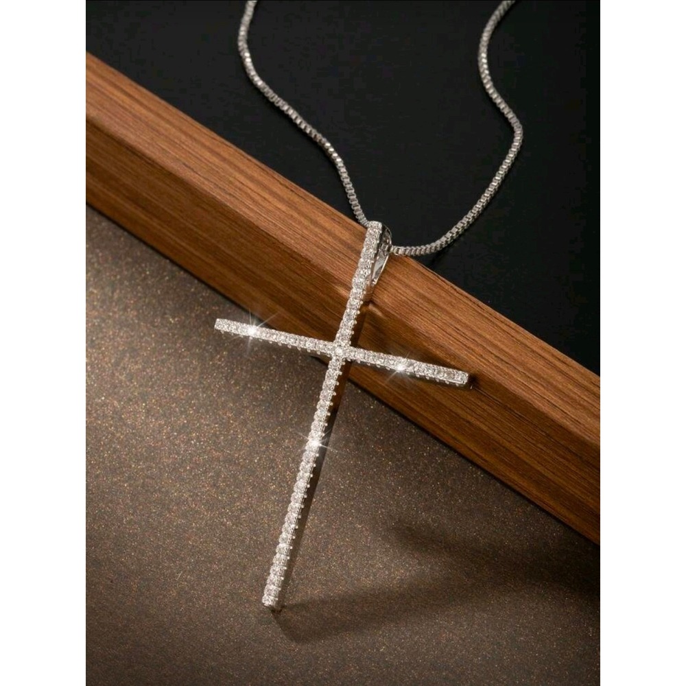 Woman stainless steel Sparkling Crystal Cross Pendant Necklace Silver Tone Chain